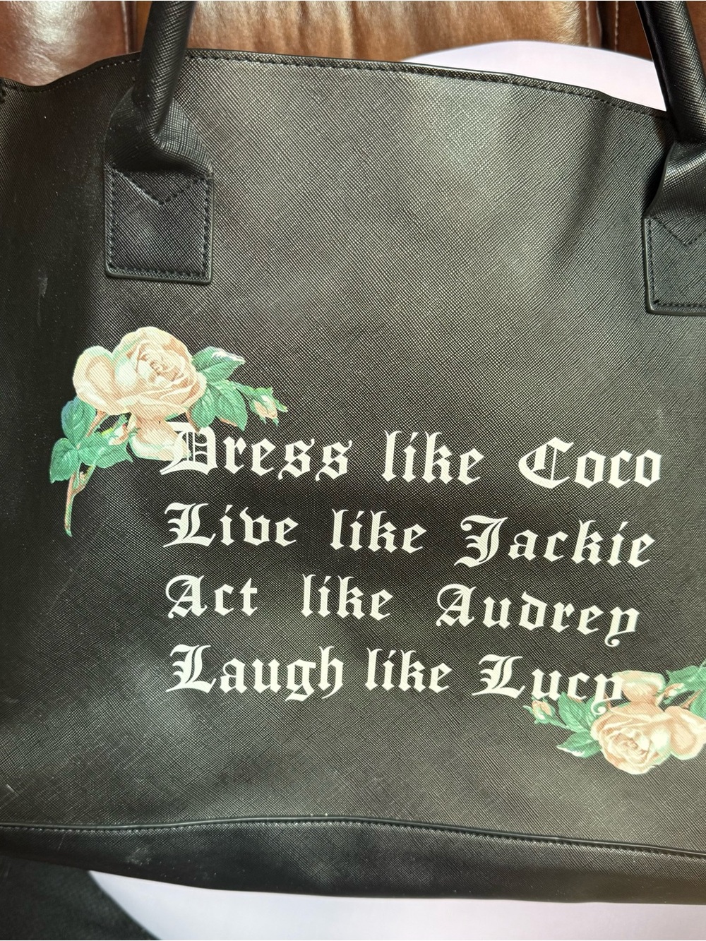Black Floral Script Tote Bag with Inspirational Quote